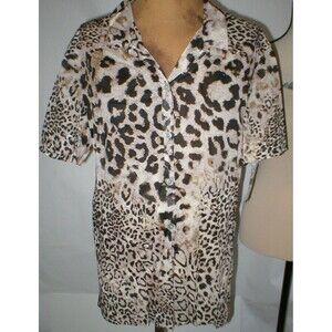 NWT New Natori Blouse Top M Cheetah Womens Tan Brown Button Up Cotton Lightweigh